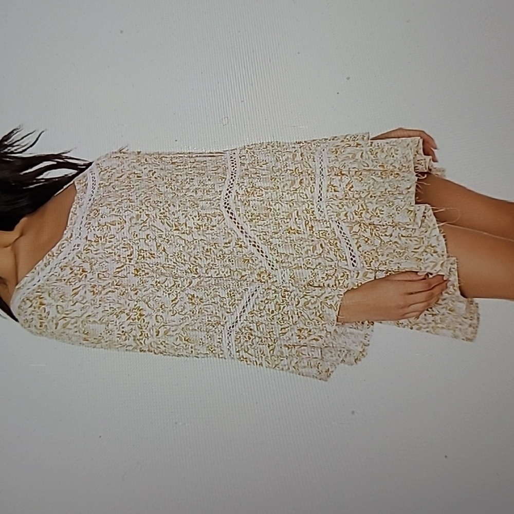 FREE PEOPLE REVOLVE TALK ABOUT IT TUNIC IVORY LATTICE TRIM DETAIL WIDE SLEEVE XS